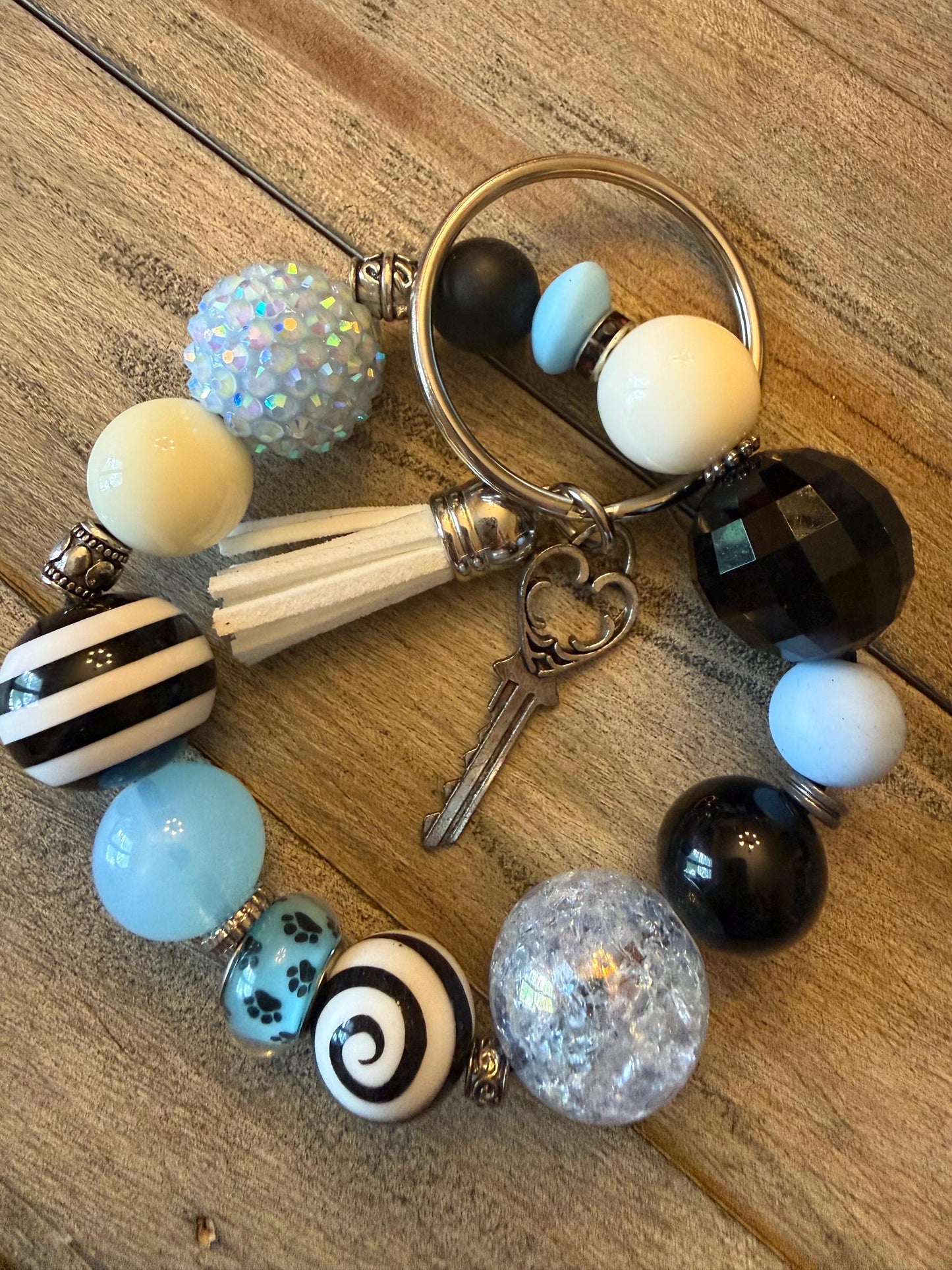Beaded Keychain Wristlet – Black Blue Silicone Bracelet Key Ring, Coastal Chic Style