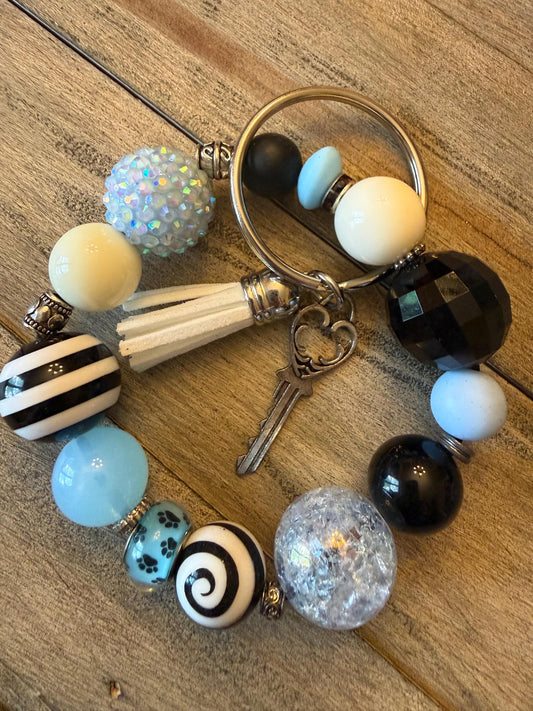 Beaded Keychain Wristlet – Black Blue Silicone Bracelet Key Ring, Coastal Chic Style