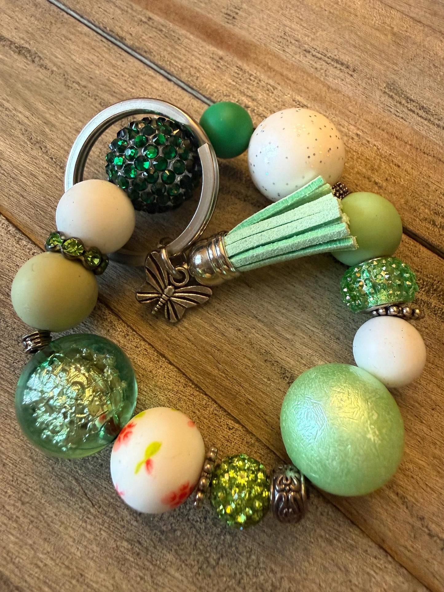Beaded Keychain Wristlet Bracelet – Emerald Butterfly Charm, Spring Silicone Key Ring