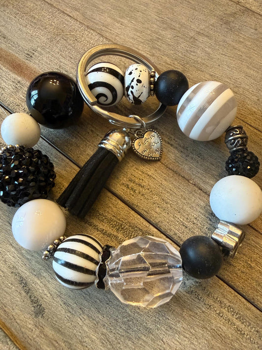 Black Ice – Black and White Beaded Keychain Bracelet with Tassel