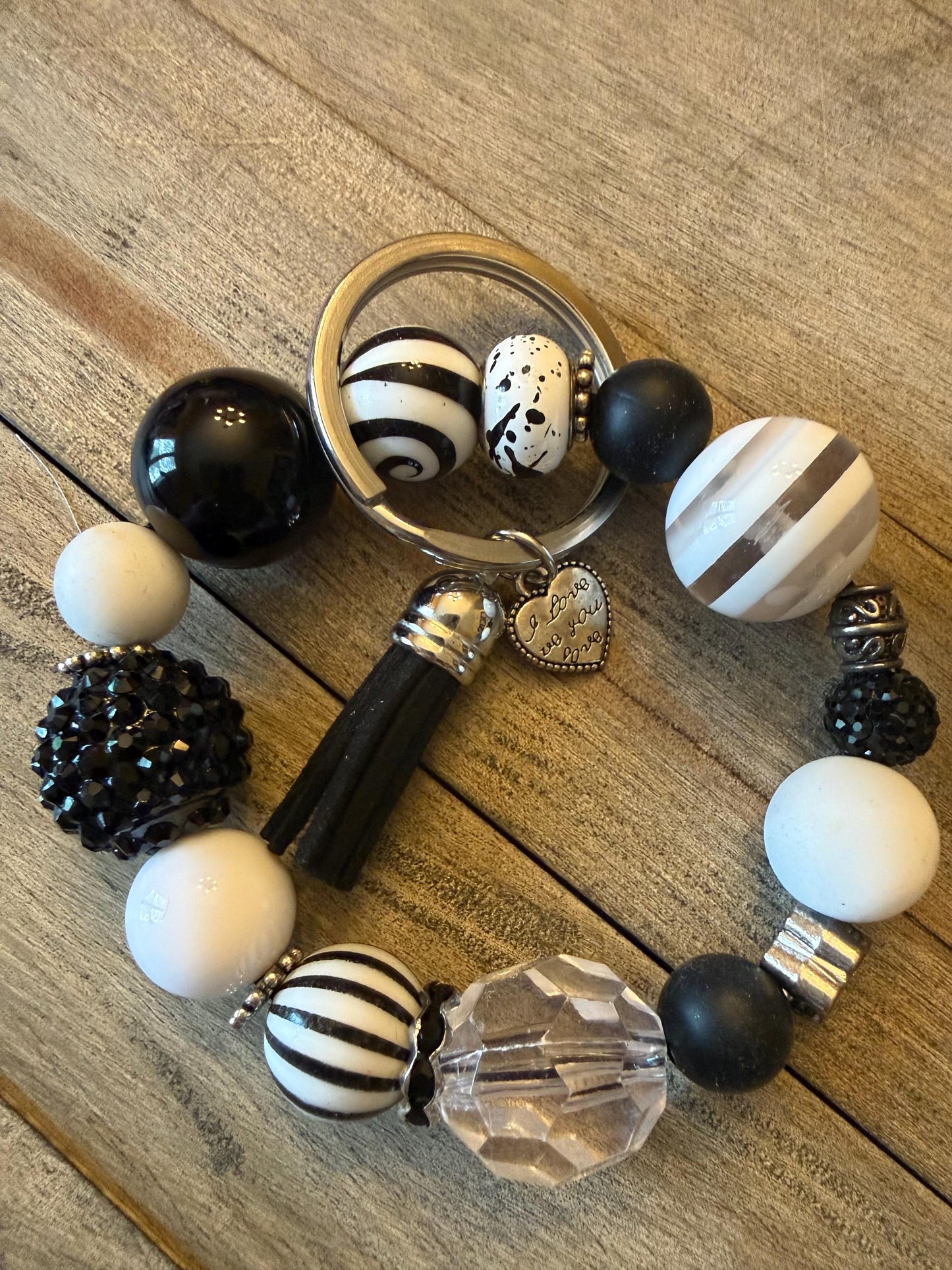 Black Ice – Black and White Beaded Keychain Bracelet with Tassel