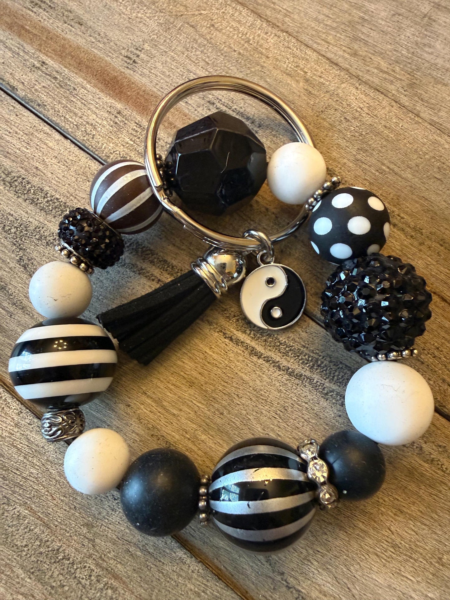 Black White Yin Yang Beaded Keychain Wristlet | Monochrome Tassel Bracelet Key Holder