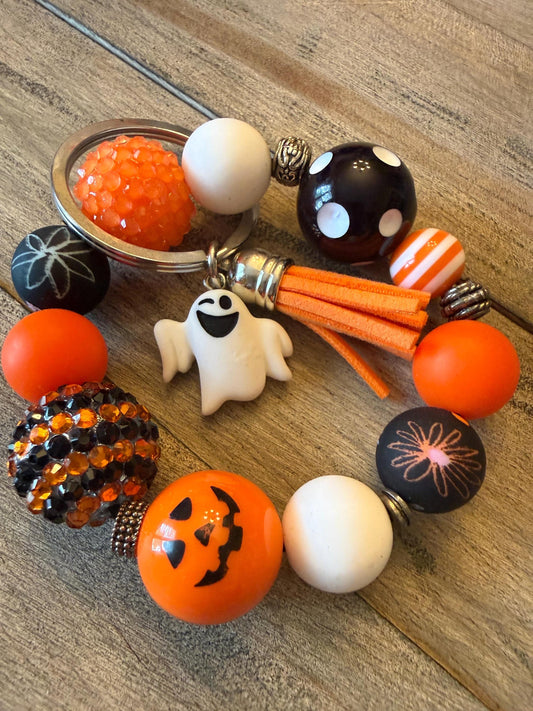 Boo-tiful Charms Chunky Halloween Beaded Keychain Bracelet | Ghost charm wristlet keychain