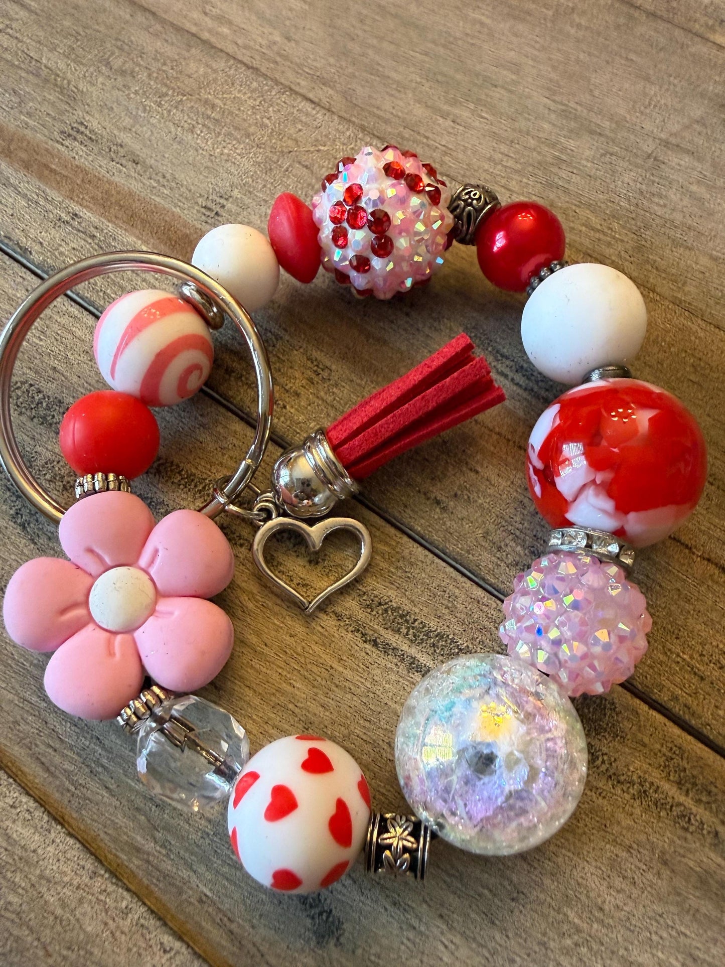 Cherry Blossom Crush – Pink & Red Beaded Wristlet Keychain with Heart Charm with Tassel