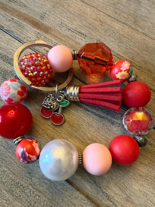 Cherry Bomb Chunky Beaded Keychain Bracelet: Red, White, and Pink Wristlet Key Ring