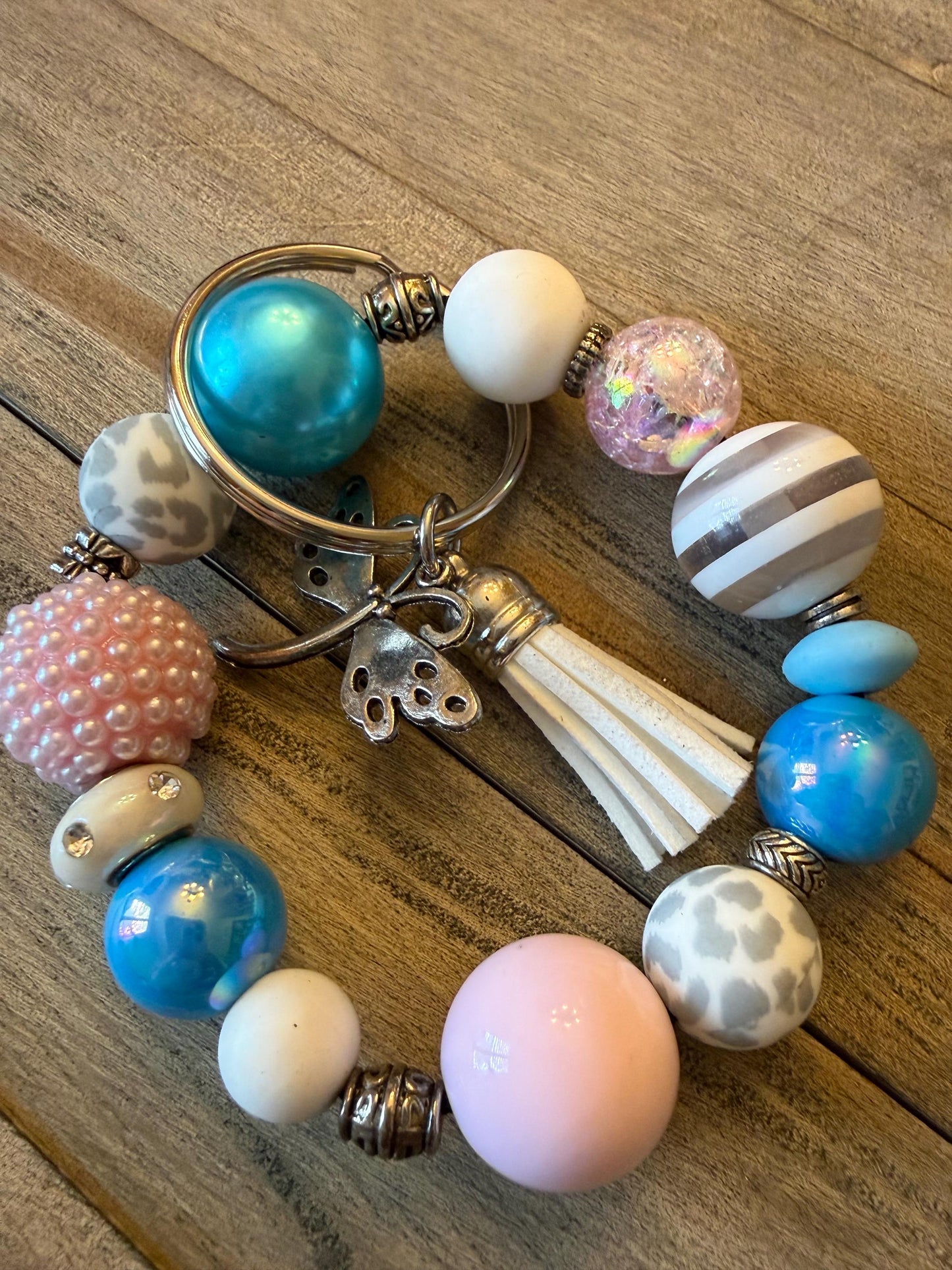 Cotton Candy Coast Beaded Keychain Wristlet – Pastel Pink Blue Silicone Bracelet Key Ring