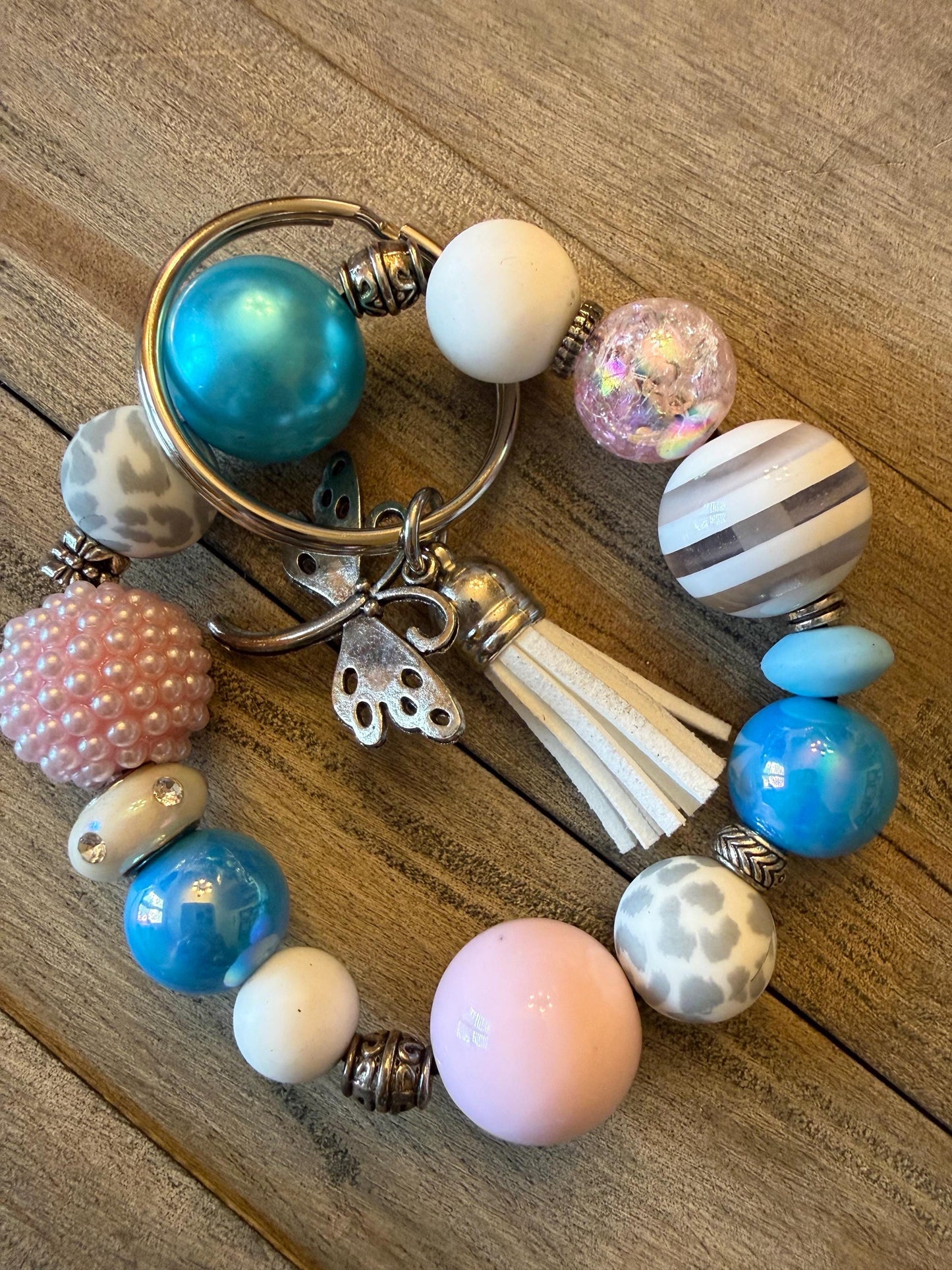 Cotton Candy Coast Beaded Keychain Wristlet – Pastel Pink Blue Silicone Bracelet Key Ring
