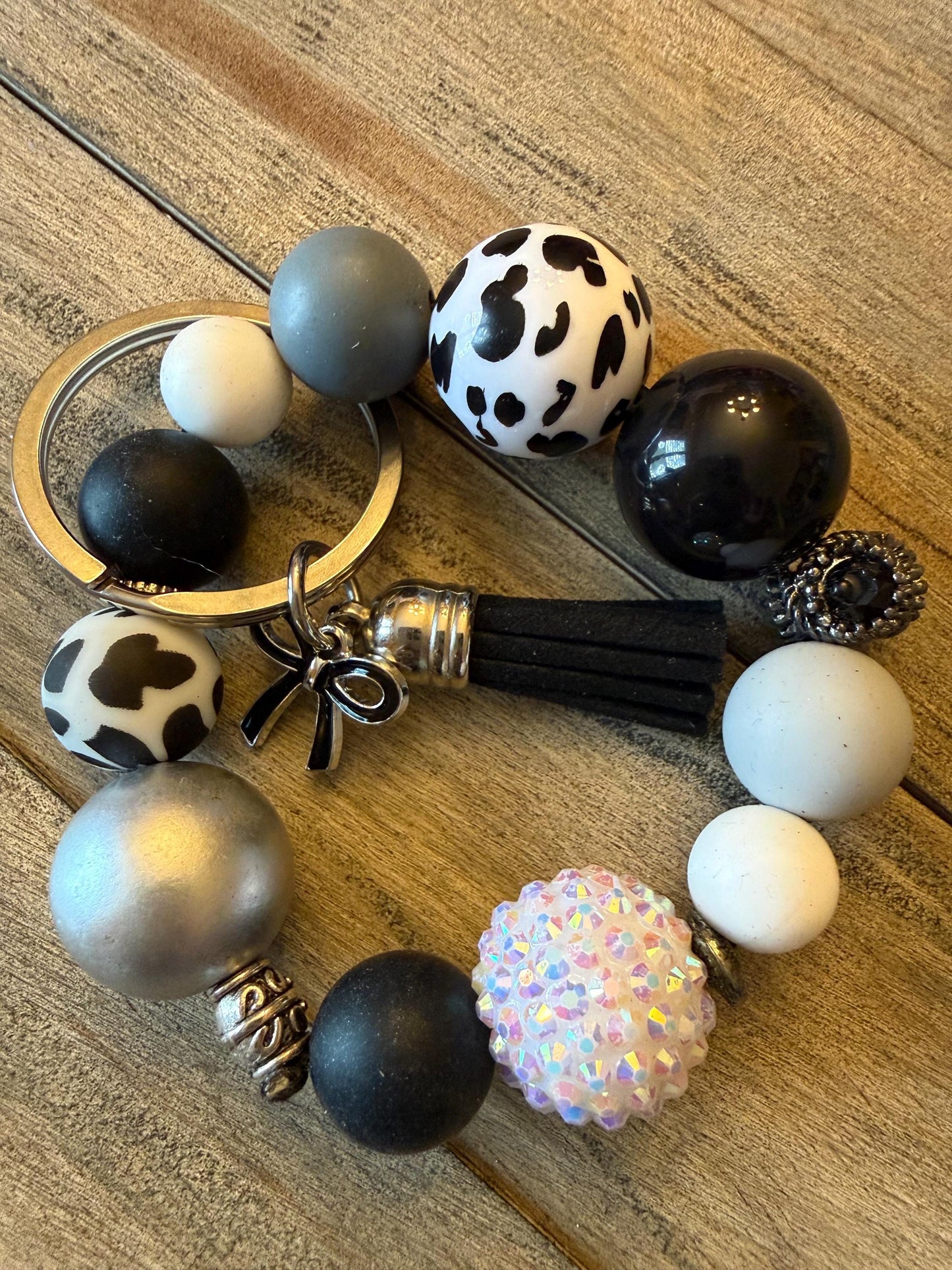 Cowgirl Chic Bracelet Keychain | Cow Print Beaded Wristlet | Western Boho Key Ring