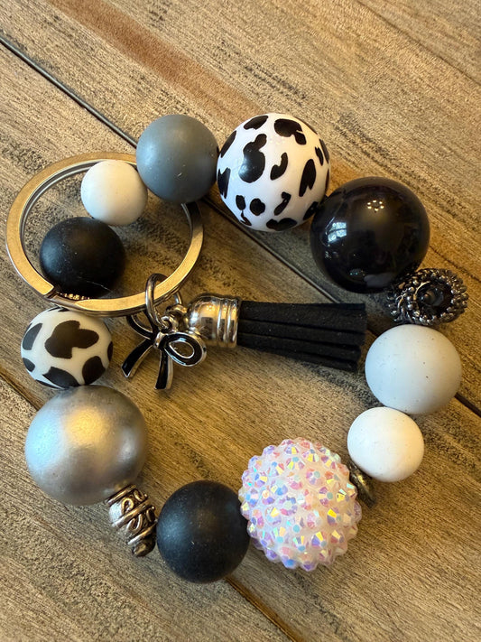 Cowgirl Chic Bracelet Keychain | Cow Print Beaded Wristlet | Western Boho Key Ring