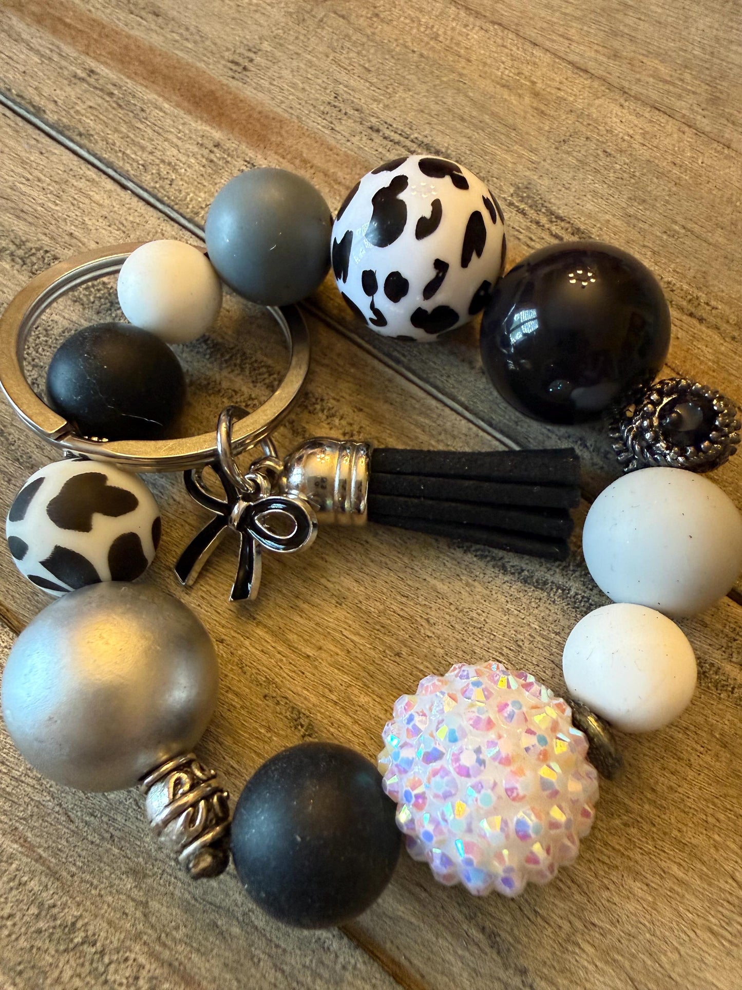 Cowgirl Chic Bracelet Keychain | Cow Print Beaded Wristlet | Western Boho Key Ring