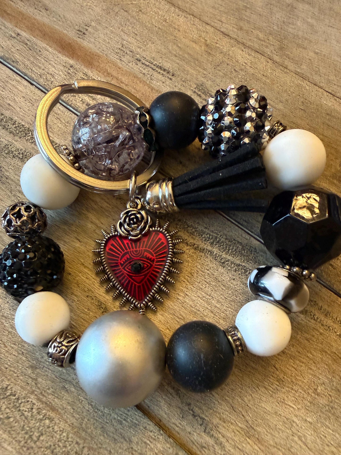 Enchanted Heart Bracelet Keychain | Black and Silver Beaded Wristlet | Heart Charm | Gift for Her