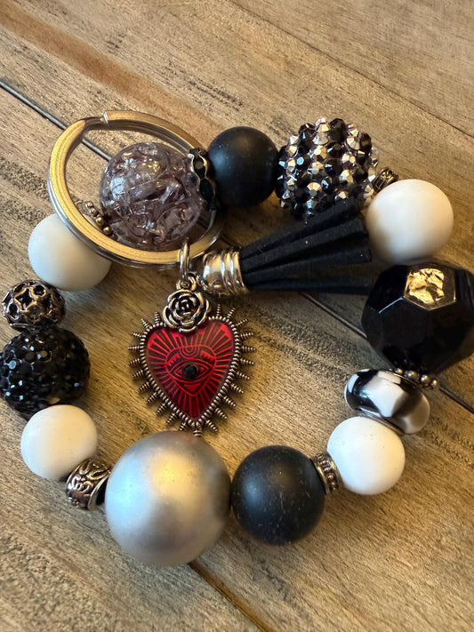Enchanted Heart Bracelet Keychain | Black and Silver Beaded Wristlet | Heart Charm | Gift for Her