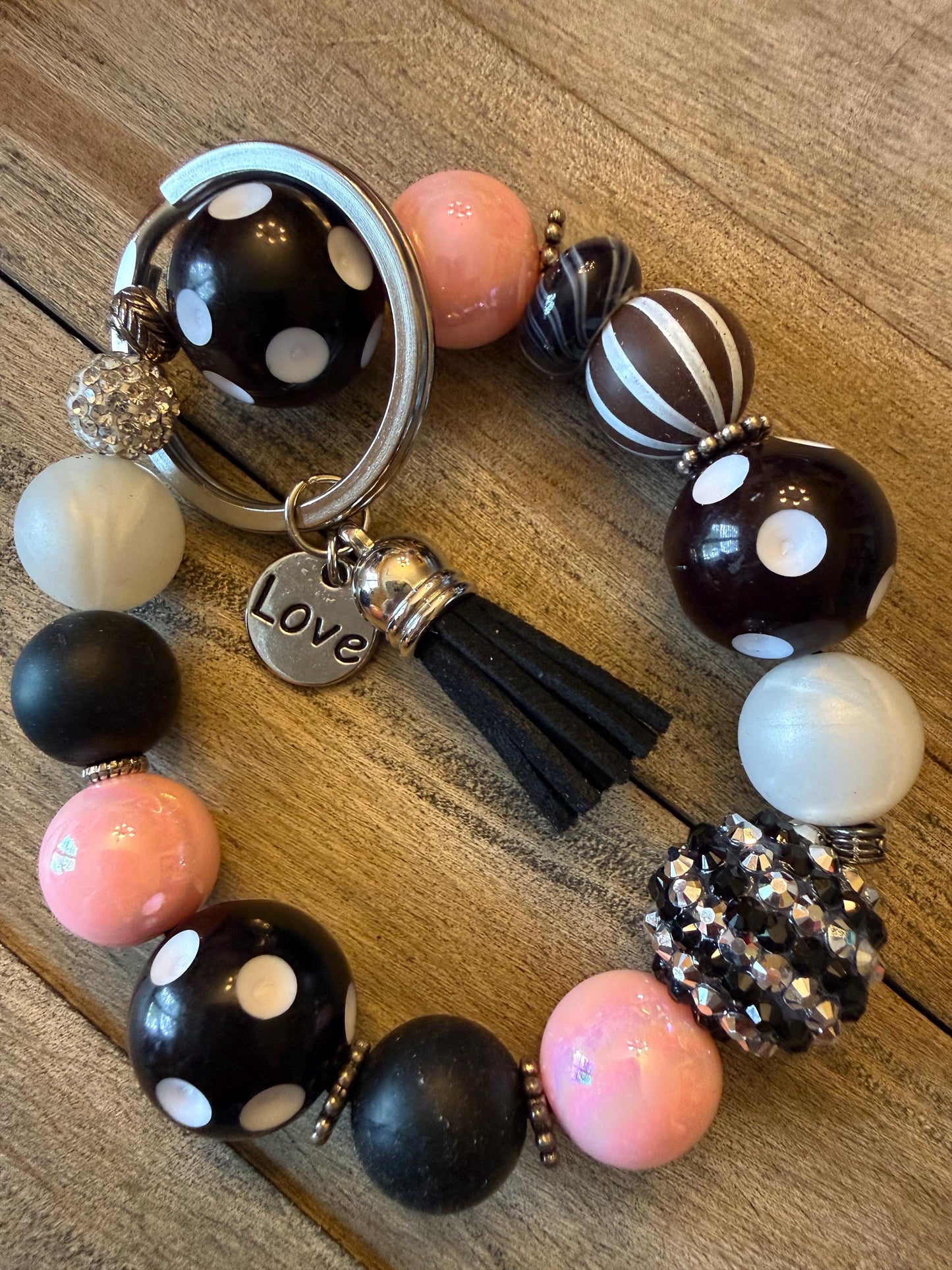 Handmade Beaded Keychain Bracelet – Pink, Black, and White Wristlet with Love Charm - Original Love