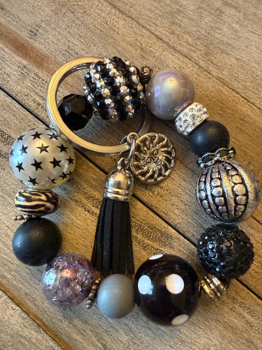 Handmade Black & Silver Beaded Keychain Bracelet with Sun Charm Starlit Shadow