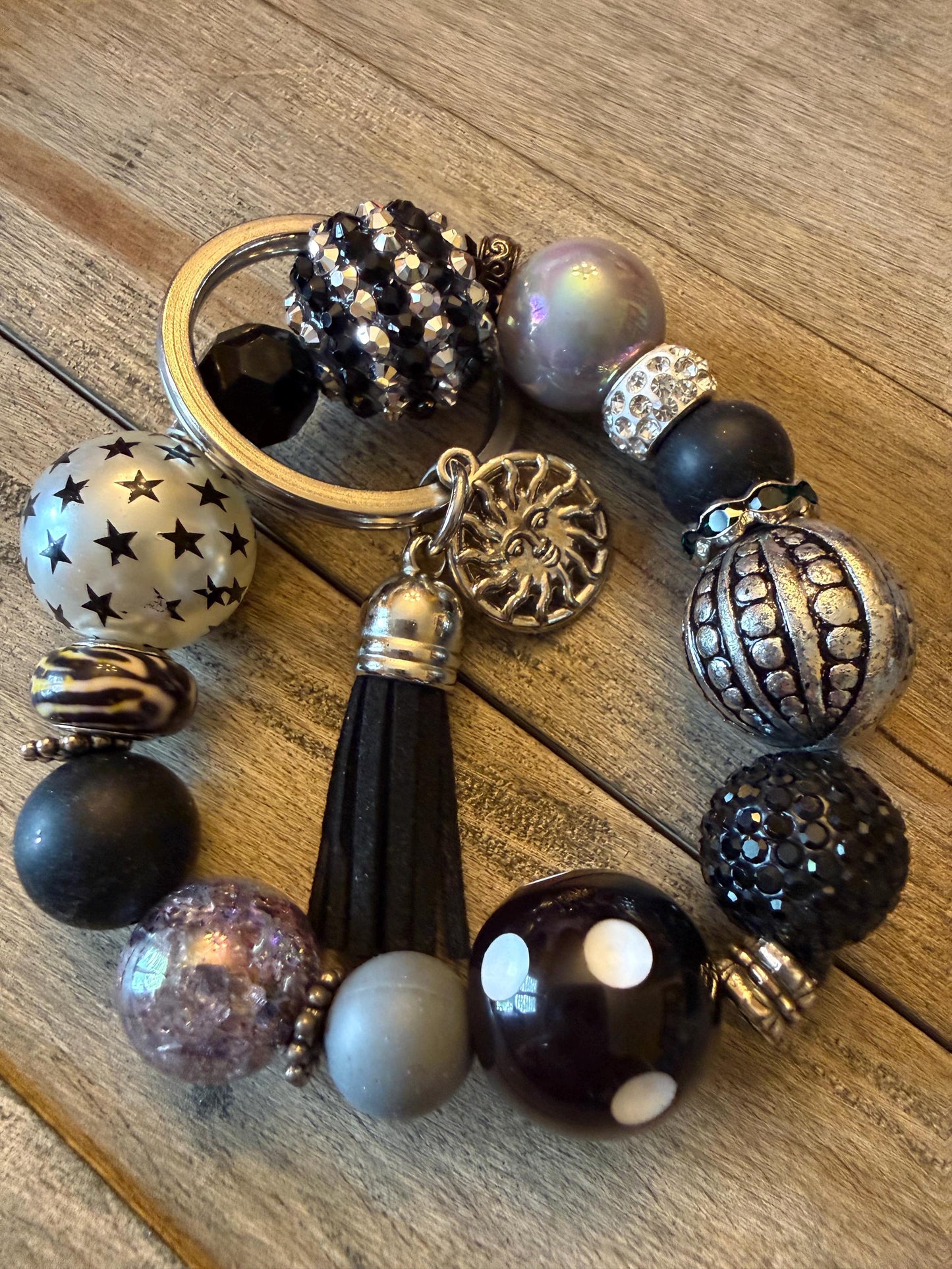Handmade Black & Silver Beaded Keychain Bracelet with Sun Charm Starlit Shadow