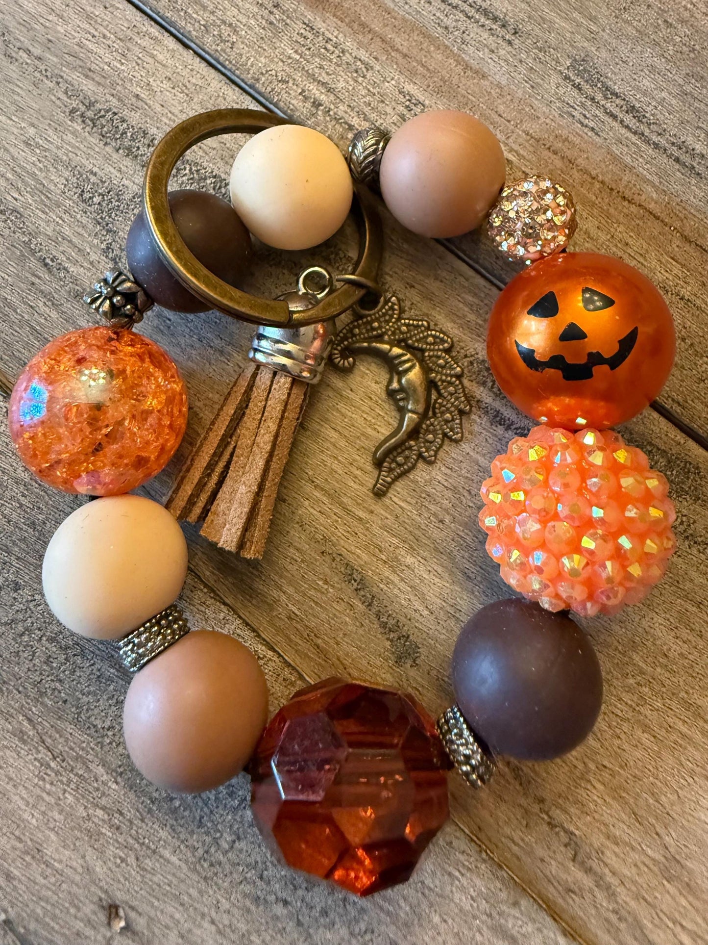 Jack o Glitz Pumpkin Chunky Orange Beaded Keychain Bracelet Halloween