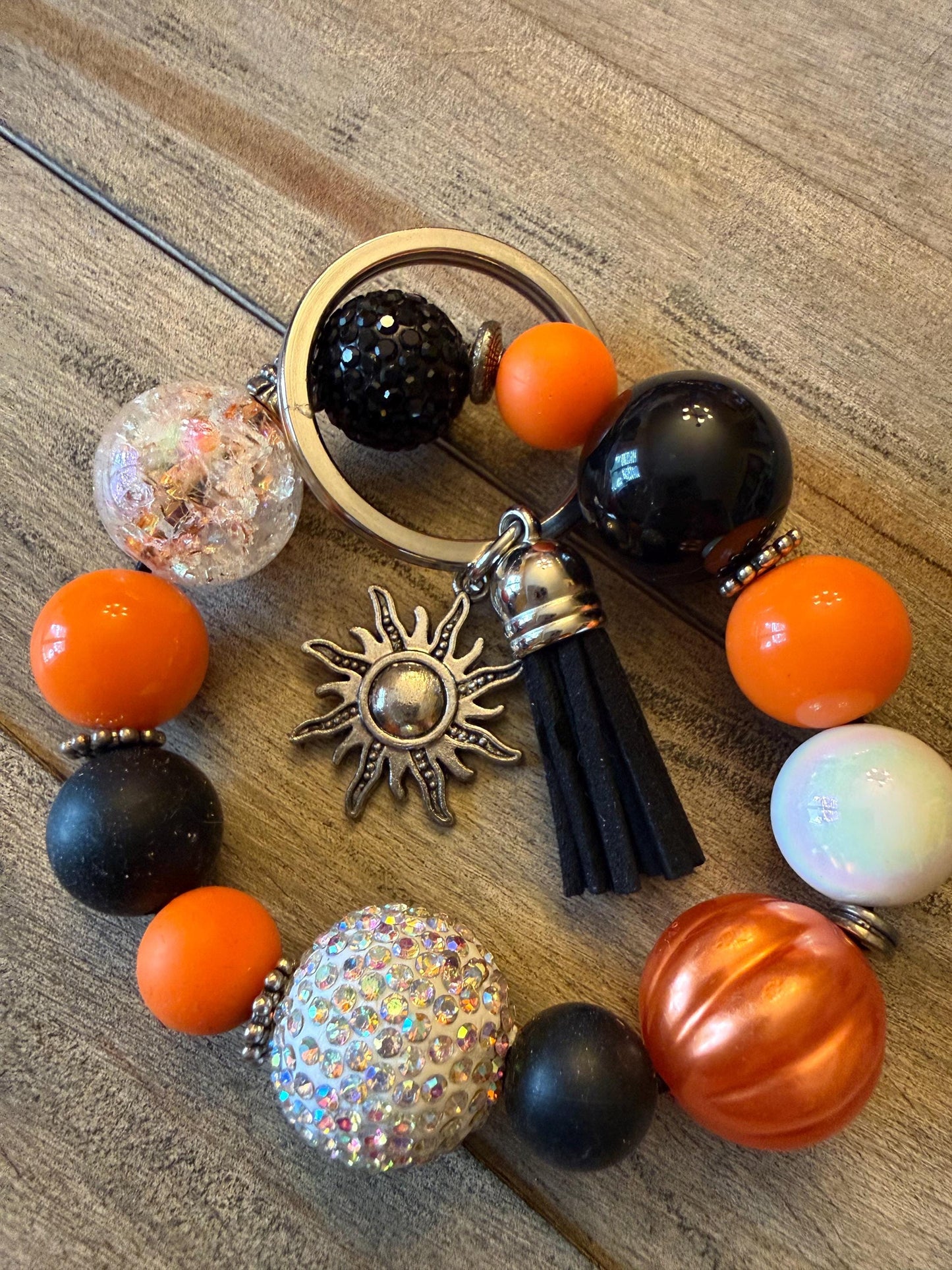 Midnight Sun Beaded Bracelet Keychain: Sun Charm Tassel - Halloween Autumn Jewelry