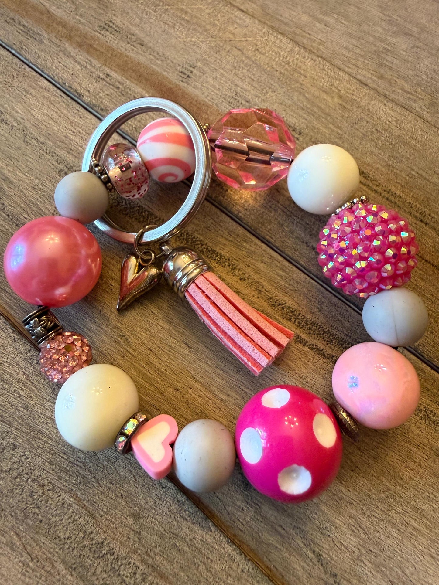 Pink Beaded Bracelet Keychain – Candy Crush - Heart charm - love