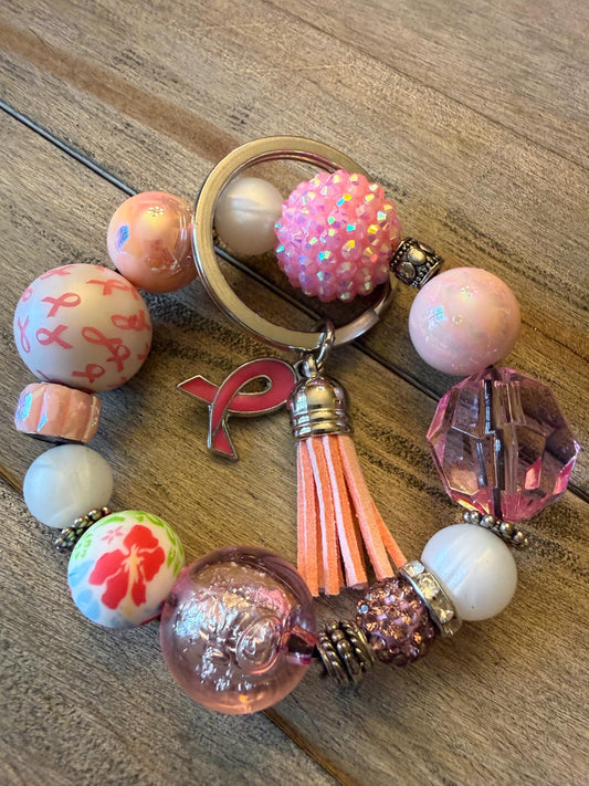 Pink Ribbon Beaded Keychain Bracelet: Breast Cancer Awareness Gift | Pink Courage
