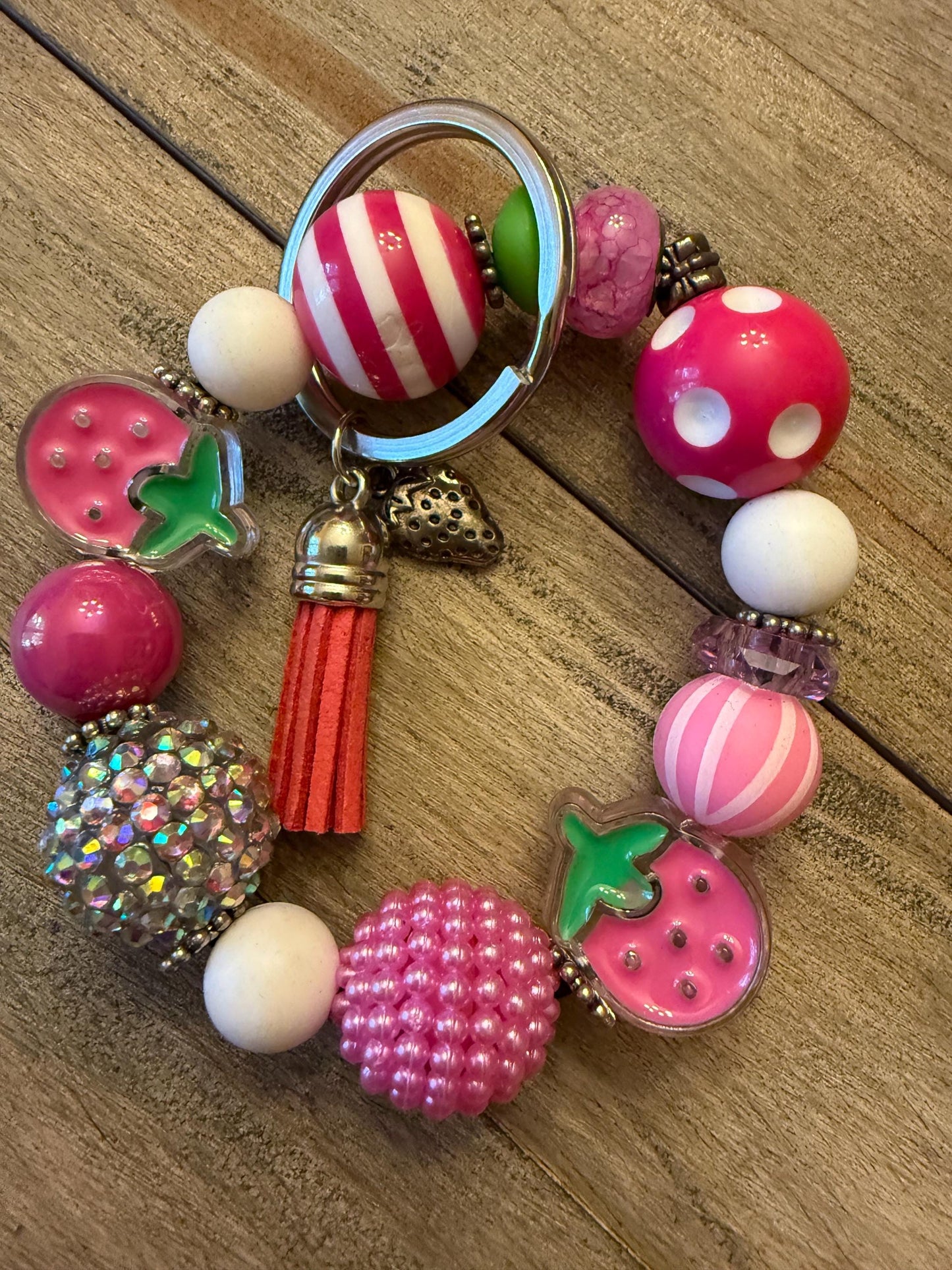Strawberry Beaded Wristlet Keychain – Pink Polka Dot Berry Tassel Bracelet