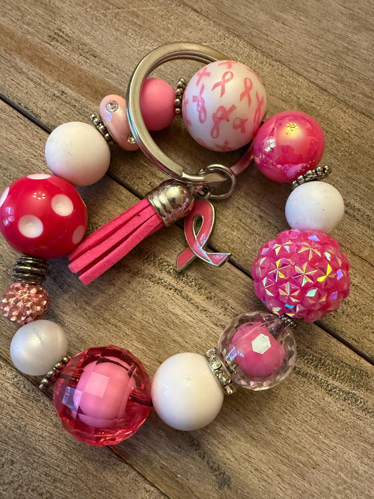Warrior Pink Bracelet Keychain • Breast Cancer Awareness Ribbon Charm, Hope Strength Support