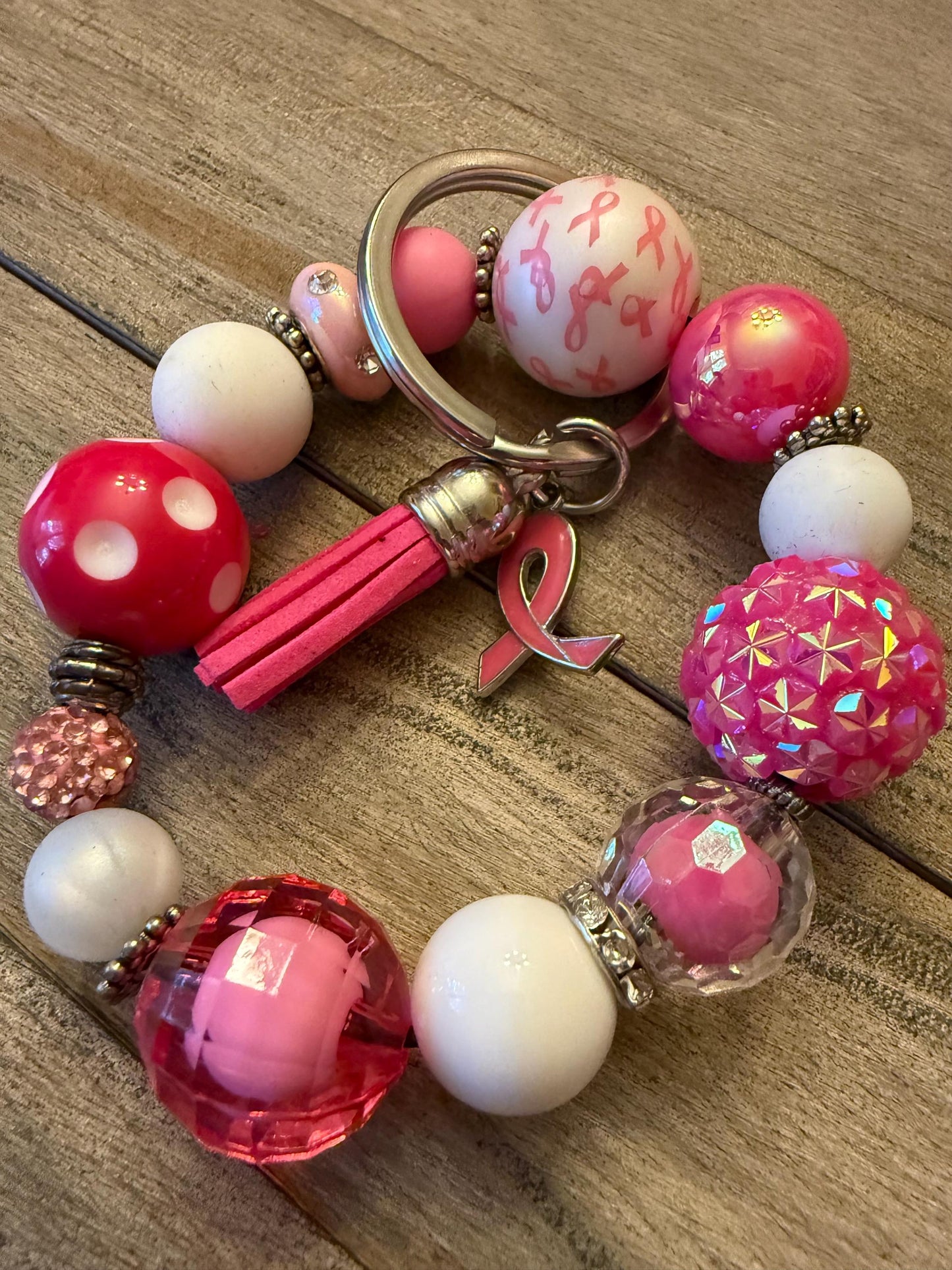 Warrior Pink Bracelet Keychain • Breast Cancer Awareness Ribbon Charm, Hope Strength Support