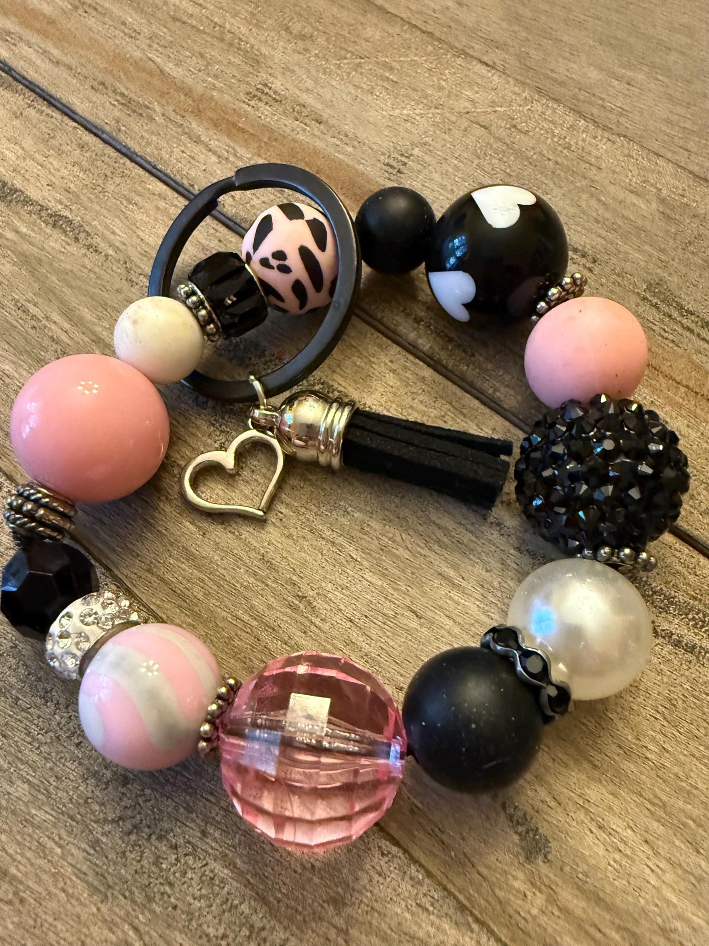 Wild at Heart Valentine Beaded Keychain Bracelet – Pink Black Heart Wristlet with Tassel & Sparkle