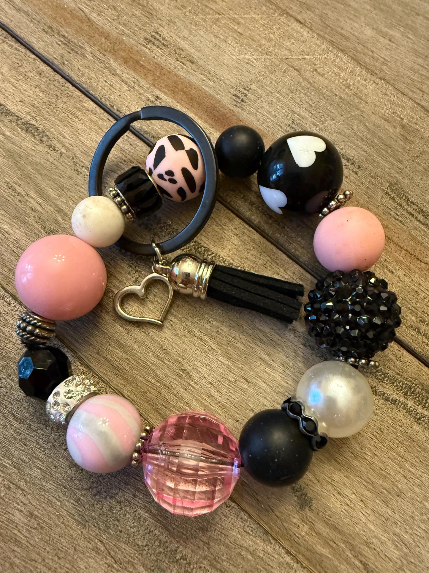 Wild at Heart Valentine Beaded Keychain Bracelet – Pink Black Heart Wristlet with Tassel & Sparkle