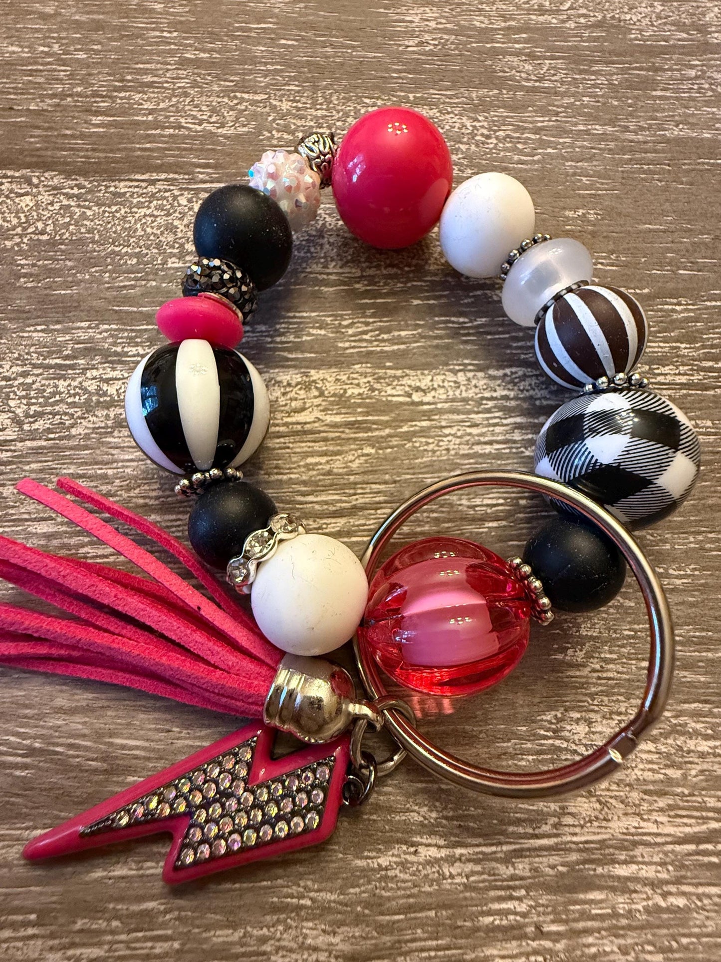 Pink Voltage Beaded Wristlet Keychain | Hot Pink, Black, Buffalo Plaid, Lightning Charm