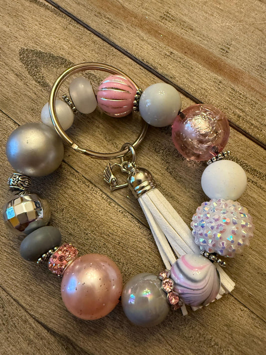 Beaded Keychain Bracelet – Blush Pink, Gray, Sparkle Love Charm - Moonstone Crush